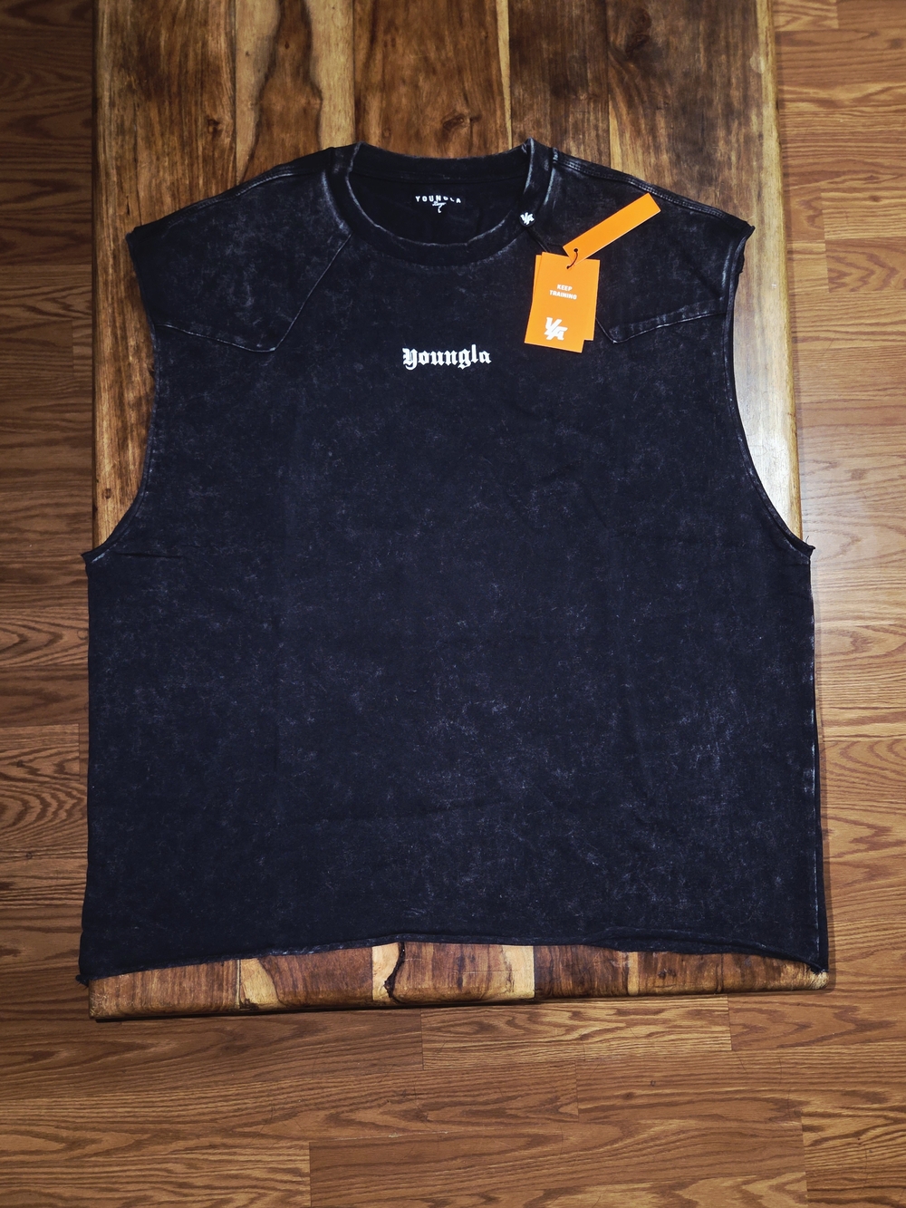 YoungLA Men's Black Washed Sleeveless Muscle Tee. Size Large